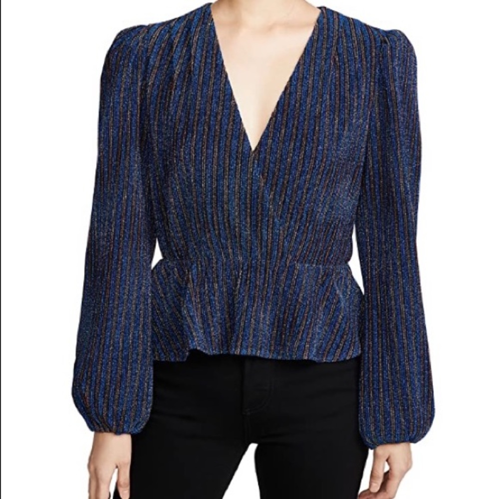 WAYF Blue & Gold Deep V Peplum Top